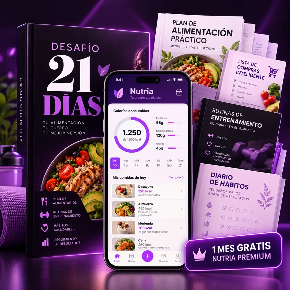 Mockup 3D del Desafío Nutria 21 Días, entregables digitales y App Nutria Premium